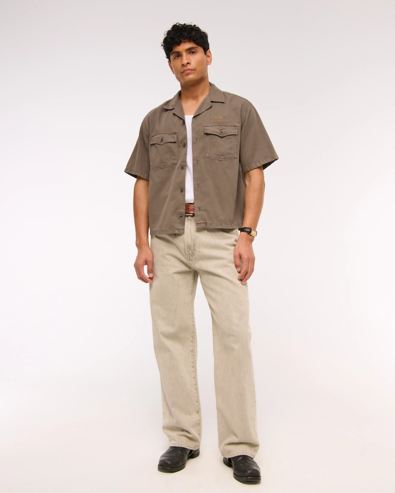 Short Sleeve Cropped Western Graphic Button-Up Shirt