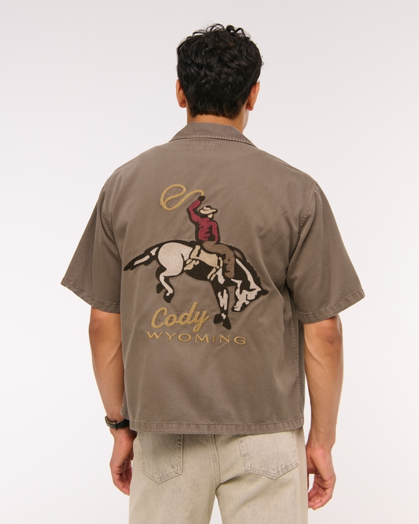 Short Sleeve Cropped Western Graphic Button-Up Shirt, Gray Brown view 1
