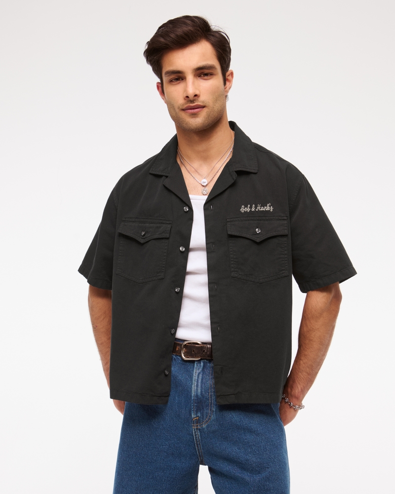 Short Sleeve Cropped Western Graphic Button-Up Shirt