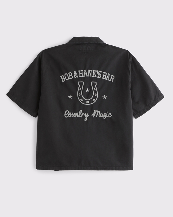 Short Sleeve Cropped Western Graphic Button-Up Shirt, Black view 2