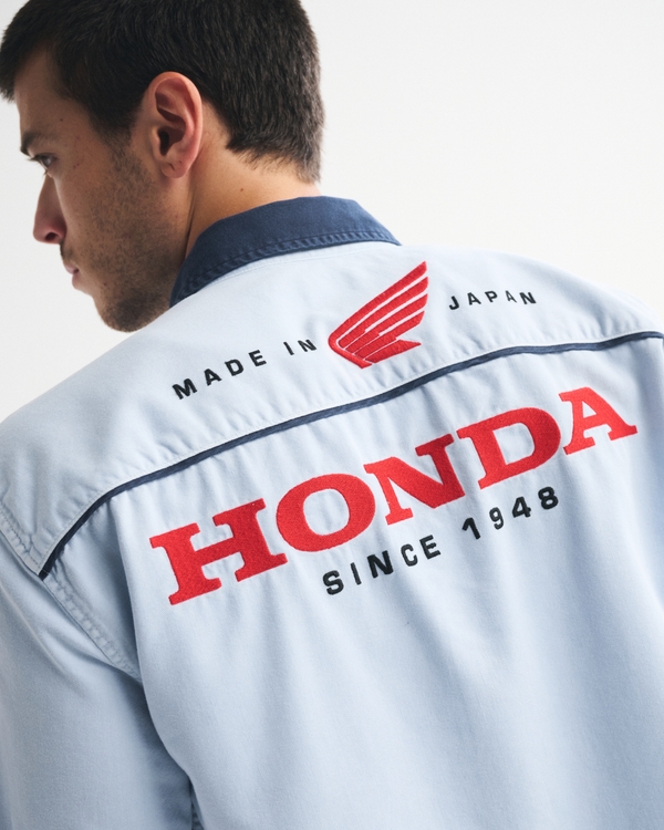 Short-Sleeve Cropped Honda Button-Up Shirt, Navy Print view 2