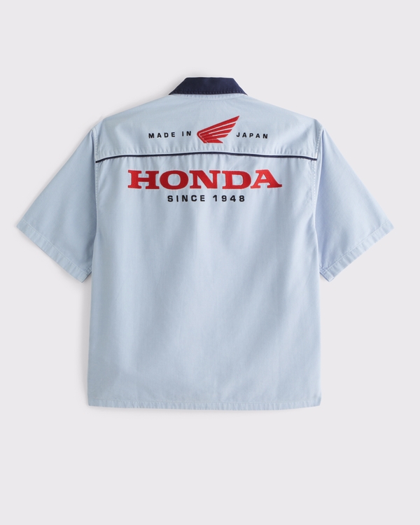 Short-Sleeve Cropped Honda Button-Up Shirt, Navy Print view 1