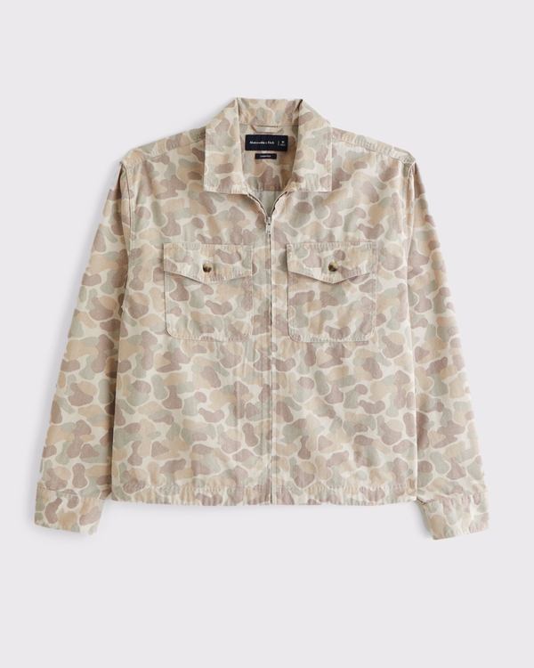 Cropped Twill Zip Shirt Jacket, Tan Duck Camo view 2