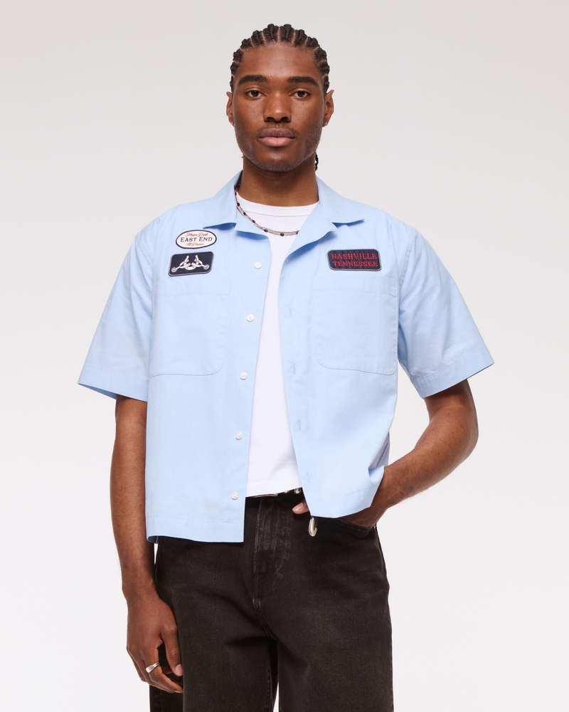 Short-Sleeve Cropped Graphic Workwear Button-Up Shirt