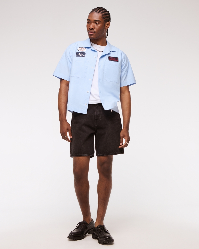 Short-Sleeve Cropped Graphic Workwear Button-Up Shirt