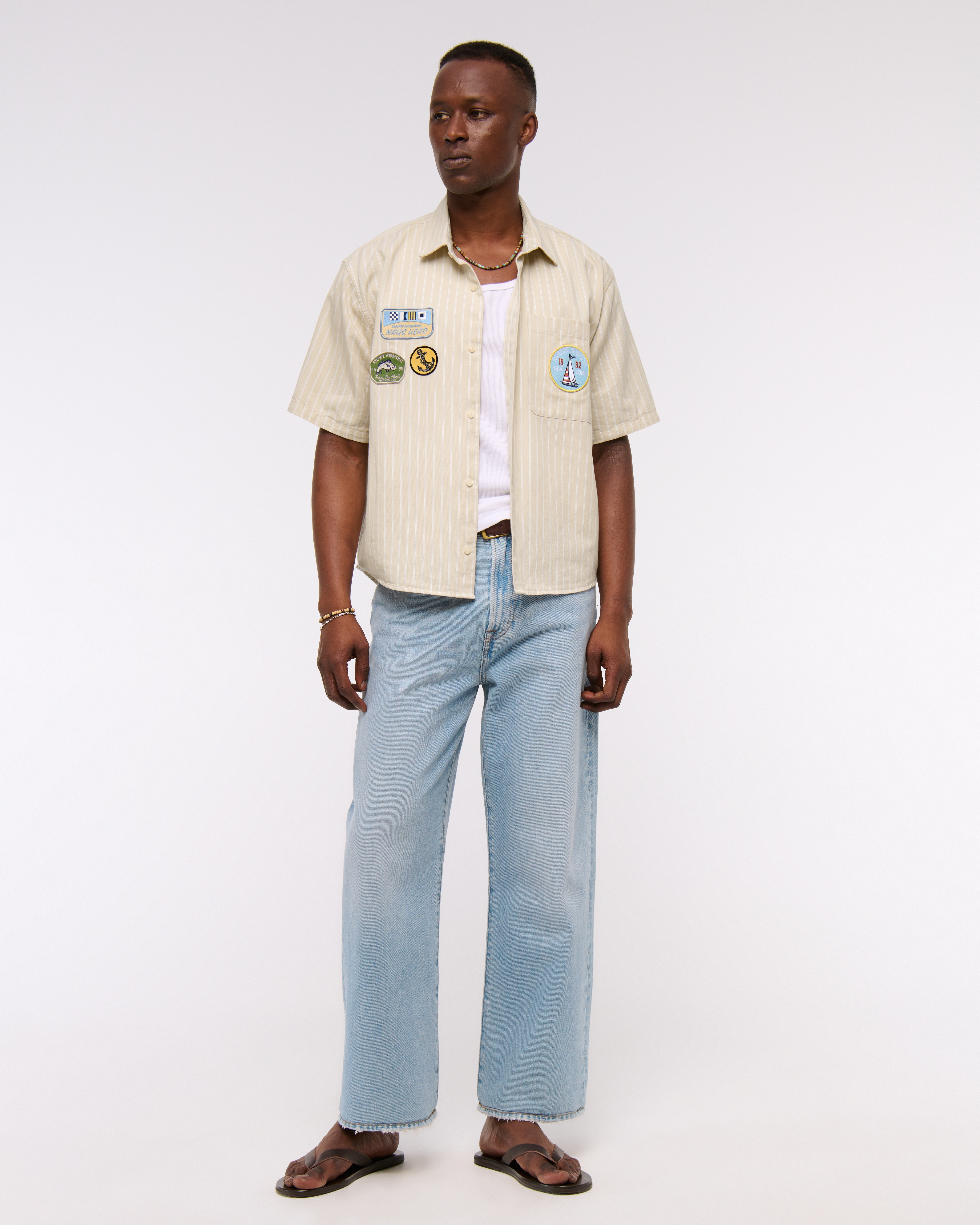 Men's Short-Sleeve Cropped Graphic Workwear Button-Up Shirt