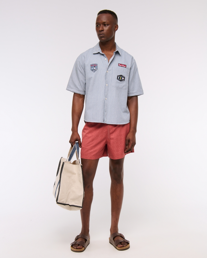 Short Sleeve Cropped Graphic Workwear Button-Up Shirt