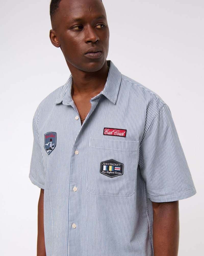 Short Sleeve Cropped Graphic Workwear Button-Up Shirt