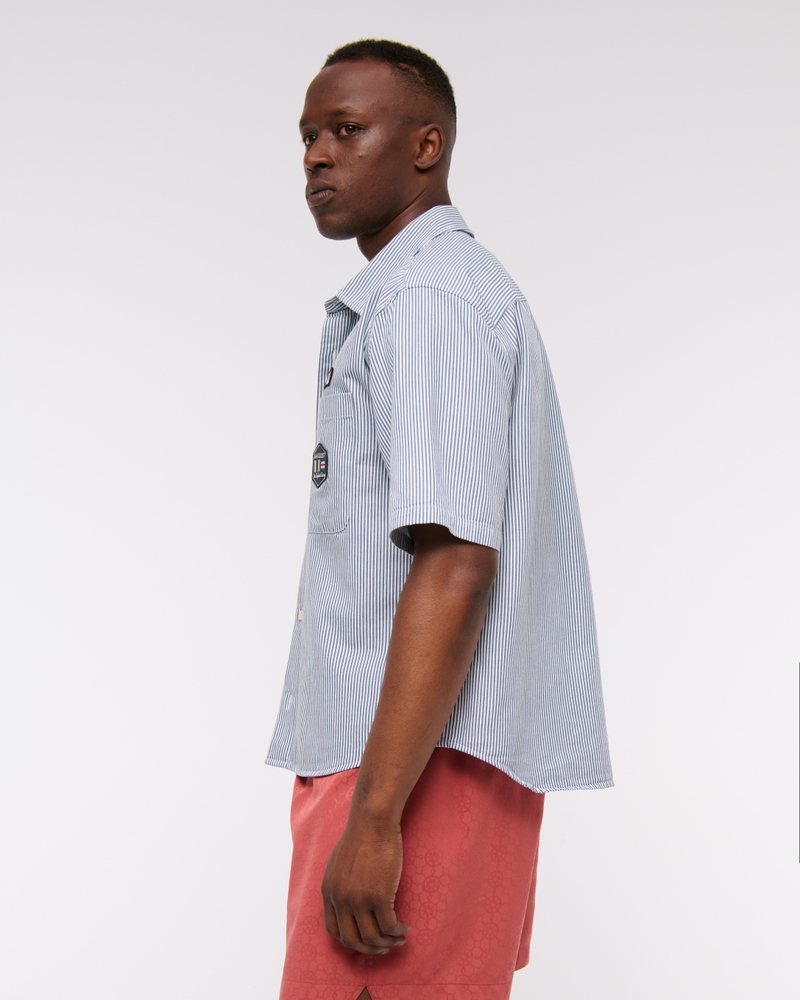 Short Sleeve Cropped Graphic Workwear Button-Up Shirt