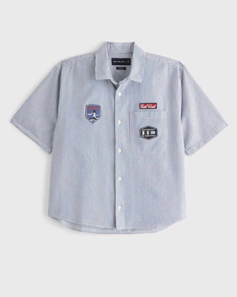Men's Short-Sleeve Cropped Graphic Workwear Button-Up Shirt