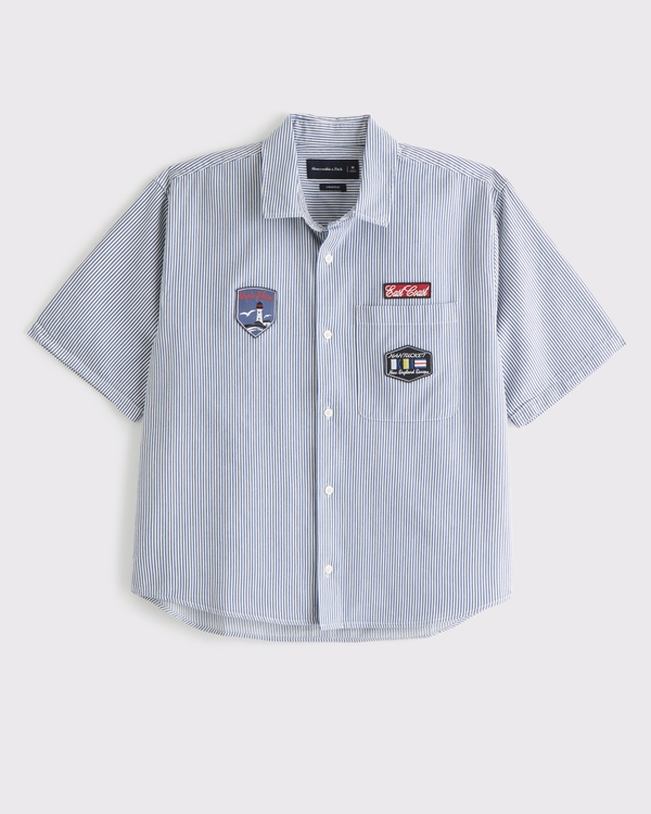 Short Sleeve Cropped Graphic Workwear Button-Up Shirt, Navy Stripe view 2