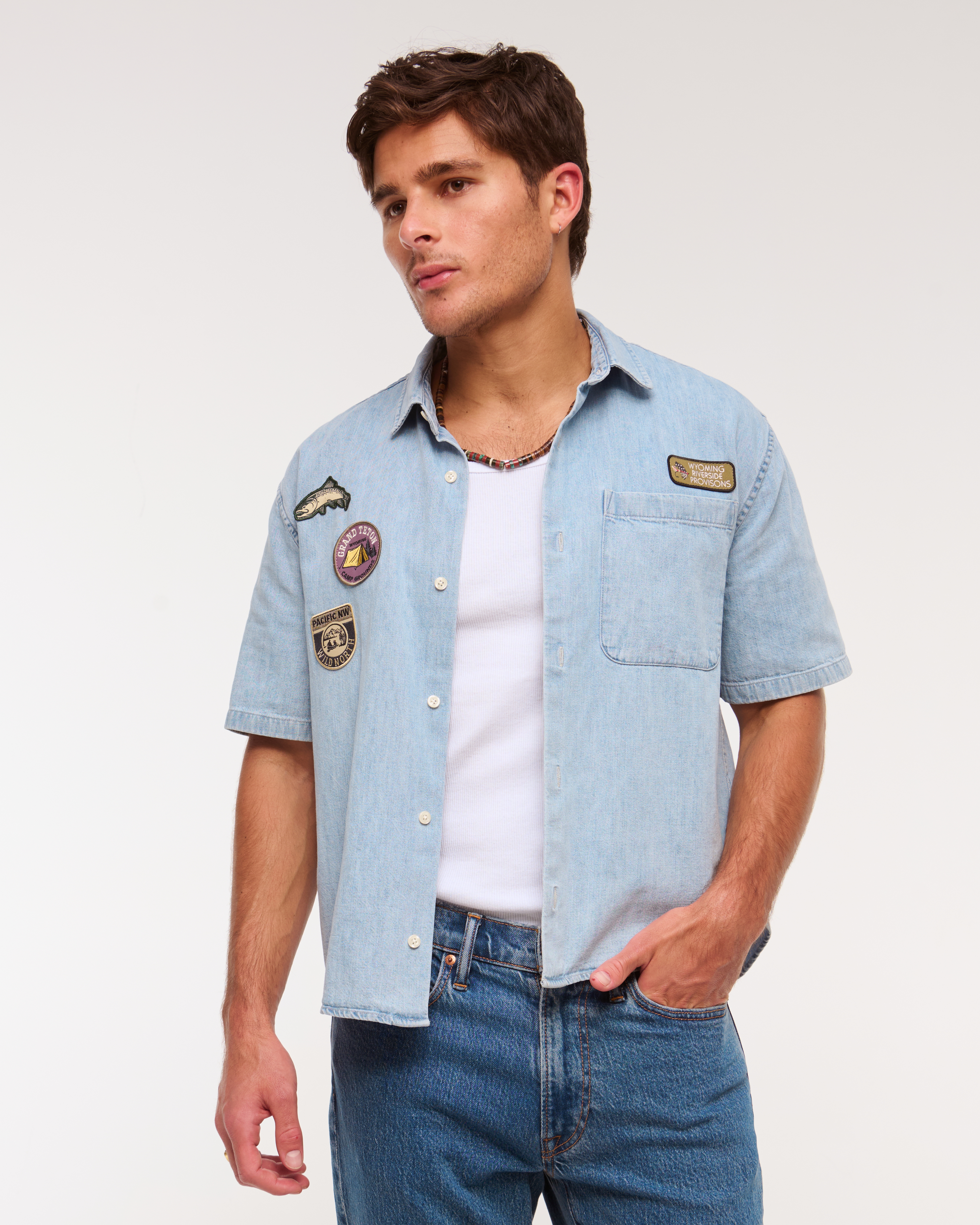 Abercrombie & Fitch Short-sleeve Graphic Denim Button-up Shirt In Blue