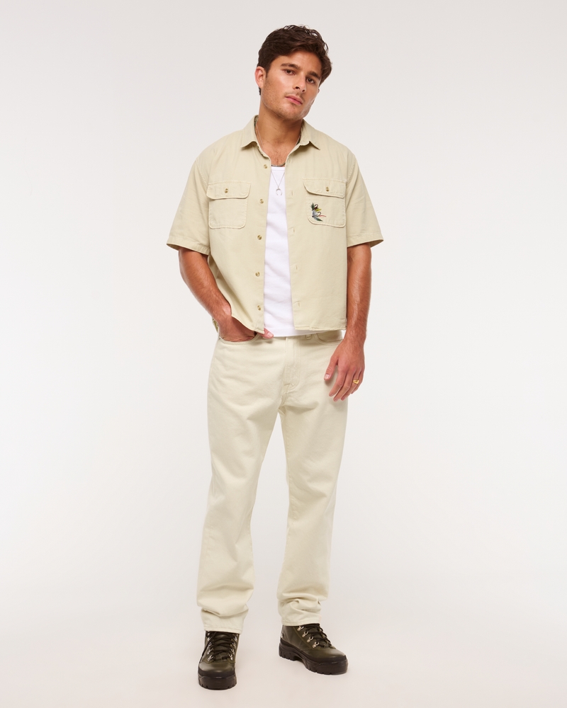Short-Sleeve Cropped Graphic Workwear Button-Up Shirt