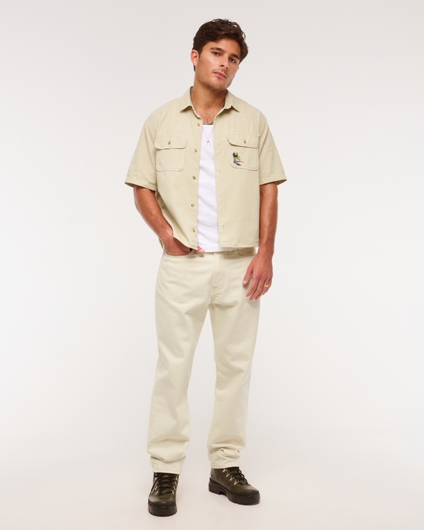 Short-Sleeve Cropped Graphic Workwear Button-Up Shirt