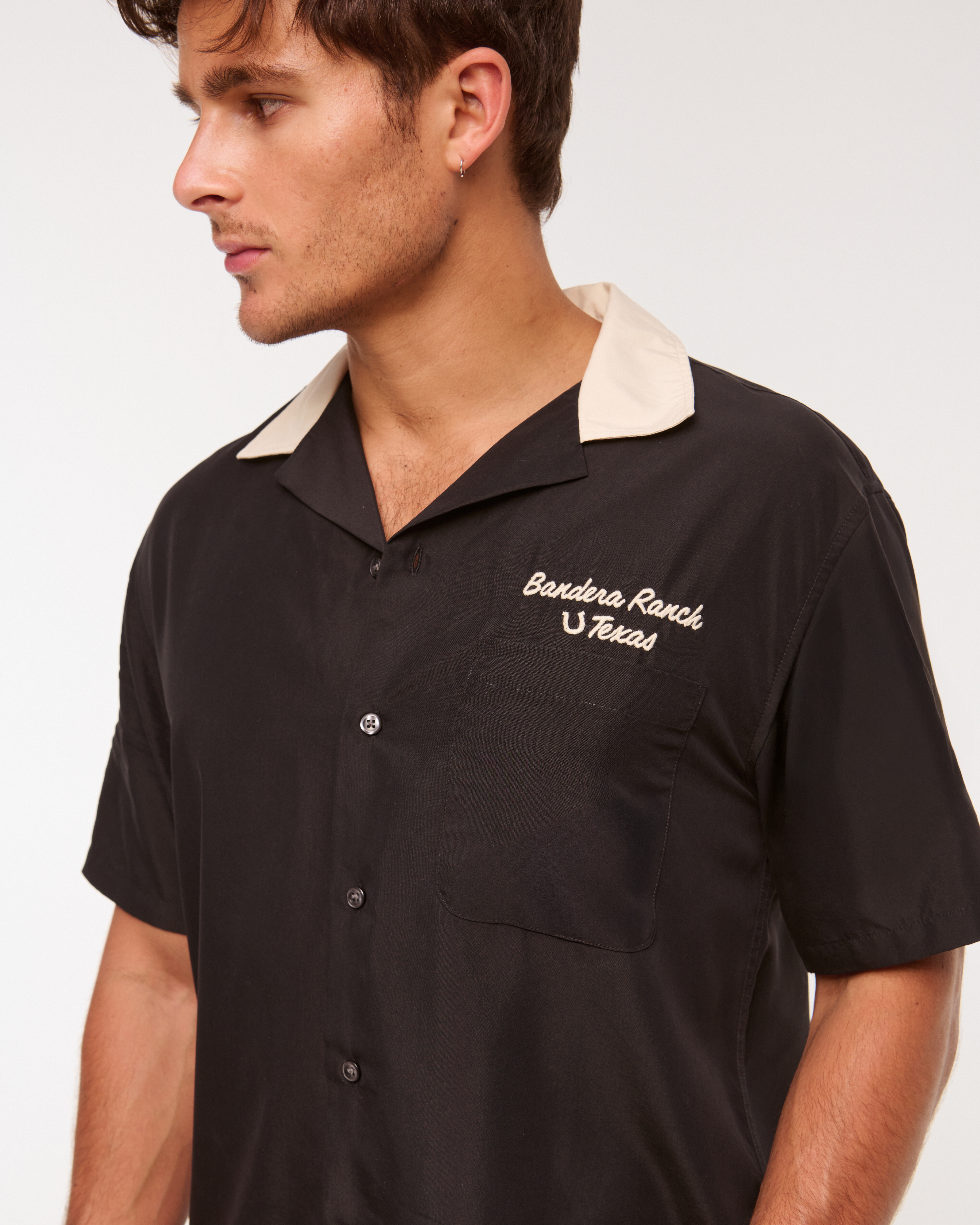 Abercrombie & Fitch Short-sleeve Cupro Button-up Shirt In Black