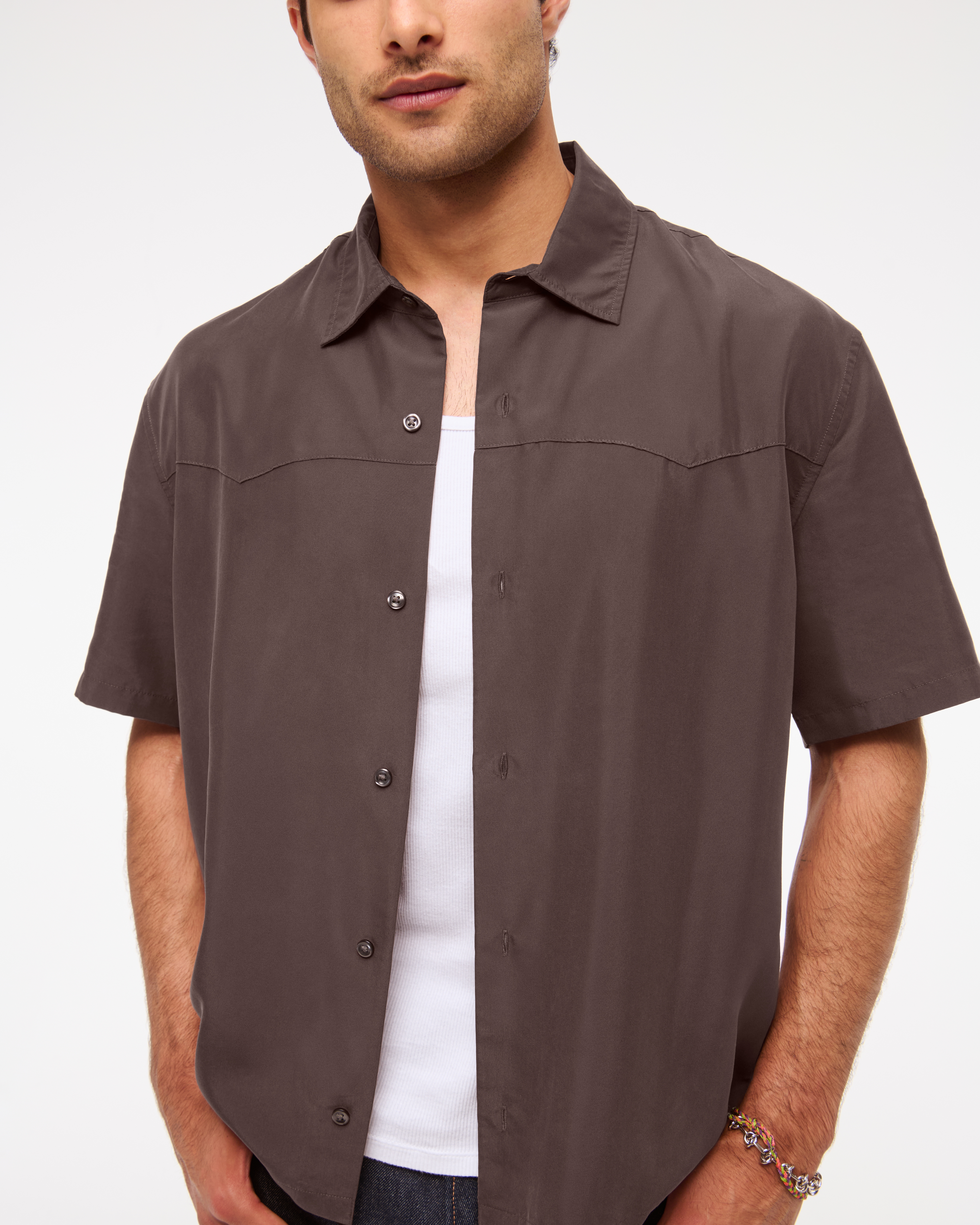Abercrombie & Fitch Short-sleeve Cupro Button-up Shirt In Brown