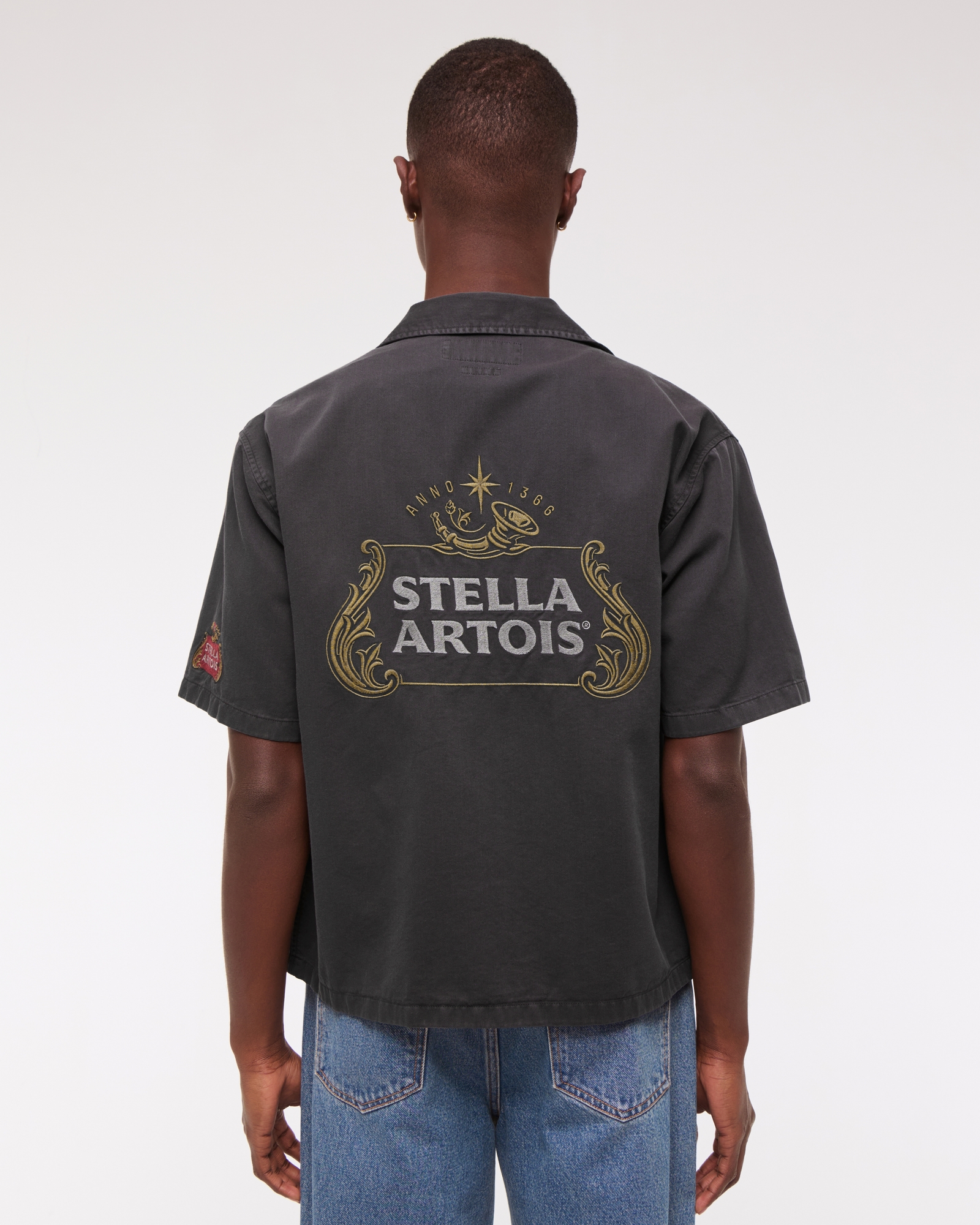 Short-Sleeve Cropped Stella Artois Workwear Button-Up Shirt