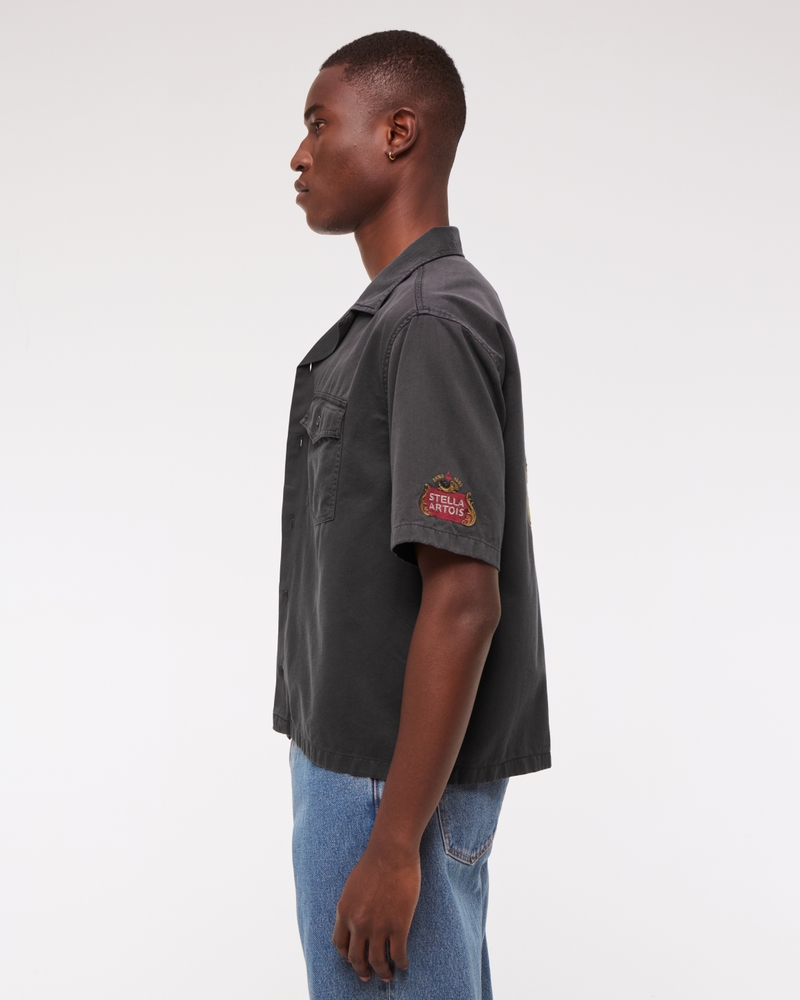 Short-Sleeve Cropped Stella Artois Workwear Button-Up Shirt