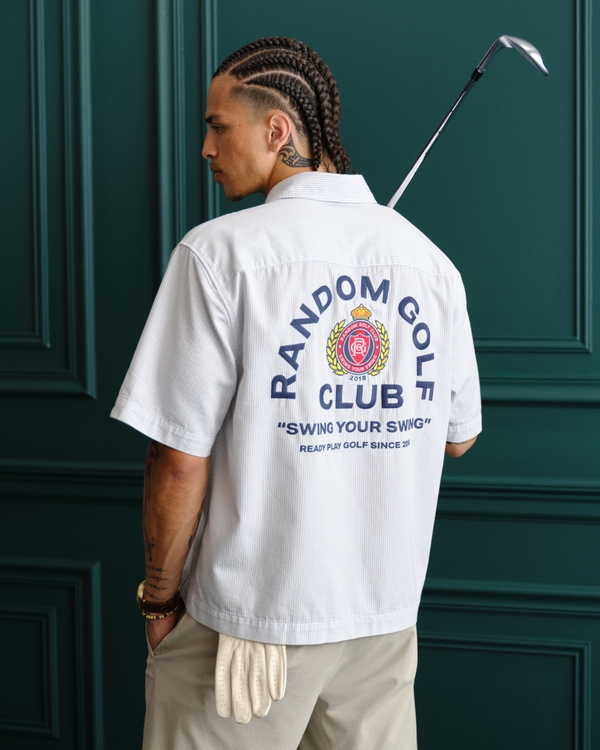 Short-Sleeve Cropped Random Golf Club Button-Up Shirt, White Stripe view 1