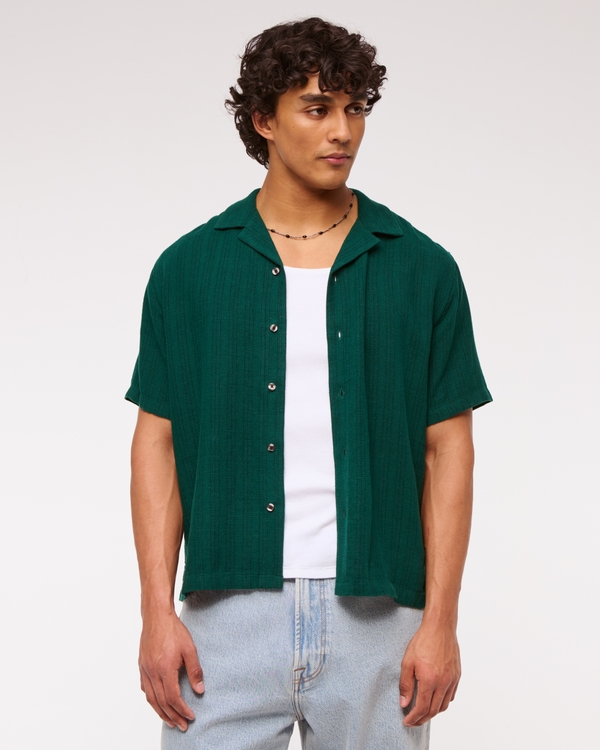 Camp Collar Summer Linen-Blend Shirt, Emerald Pattern view 1