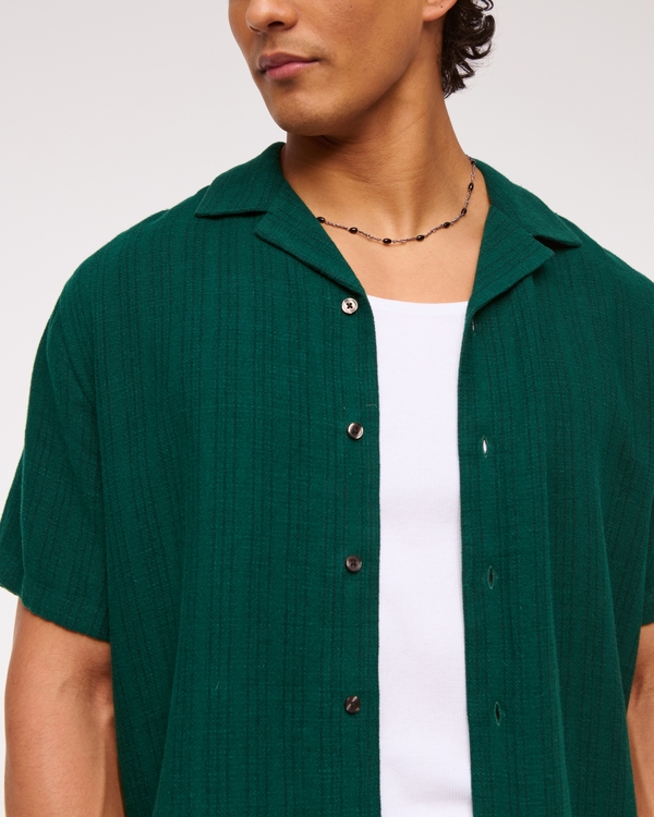 Camp Collar Summer Linen-Blend Shirt, Emerald Pattern view 2