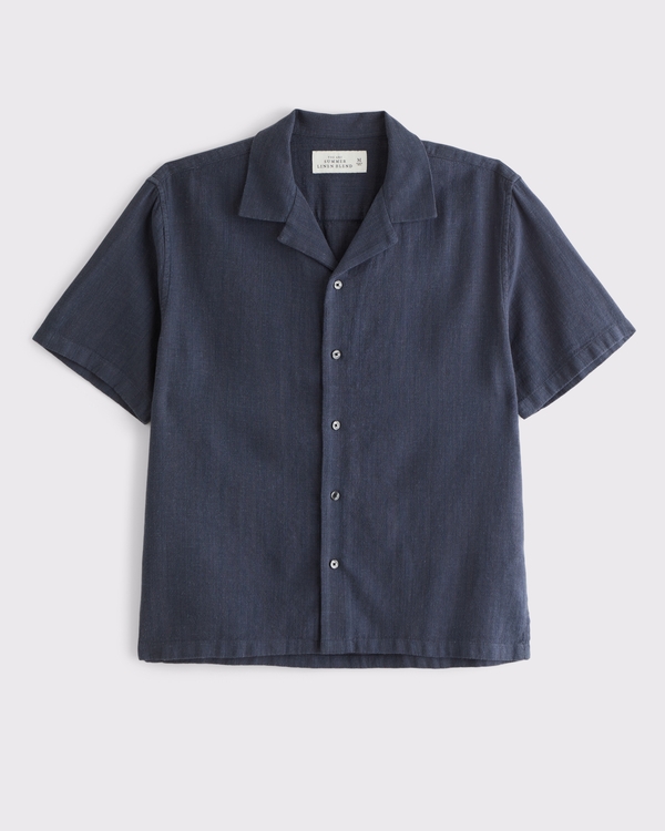 Camp Collar Summer Linen-Blend Shirt, Navy view 1