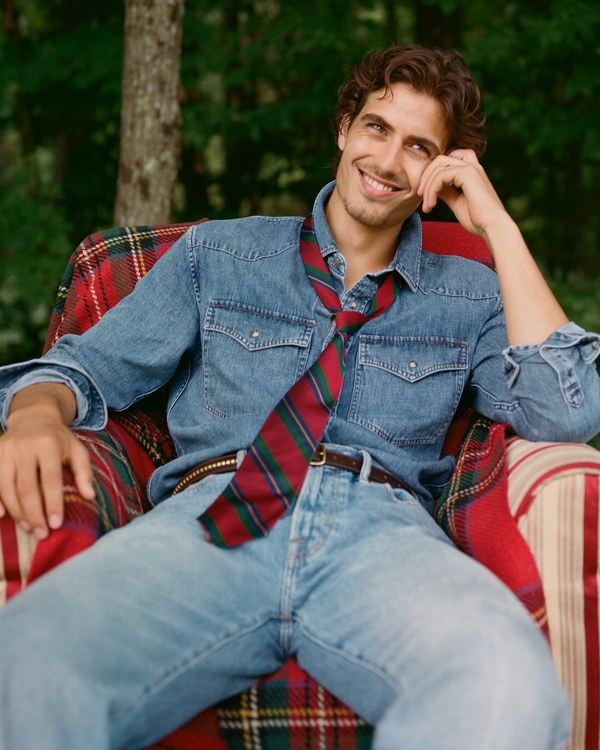 Western Denim Button-Up Shirt, Dark Wash view 1