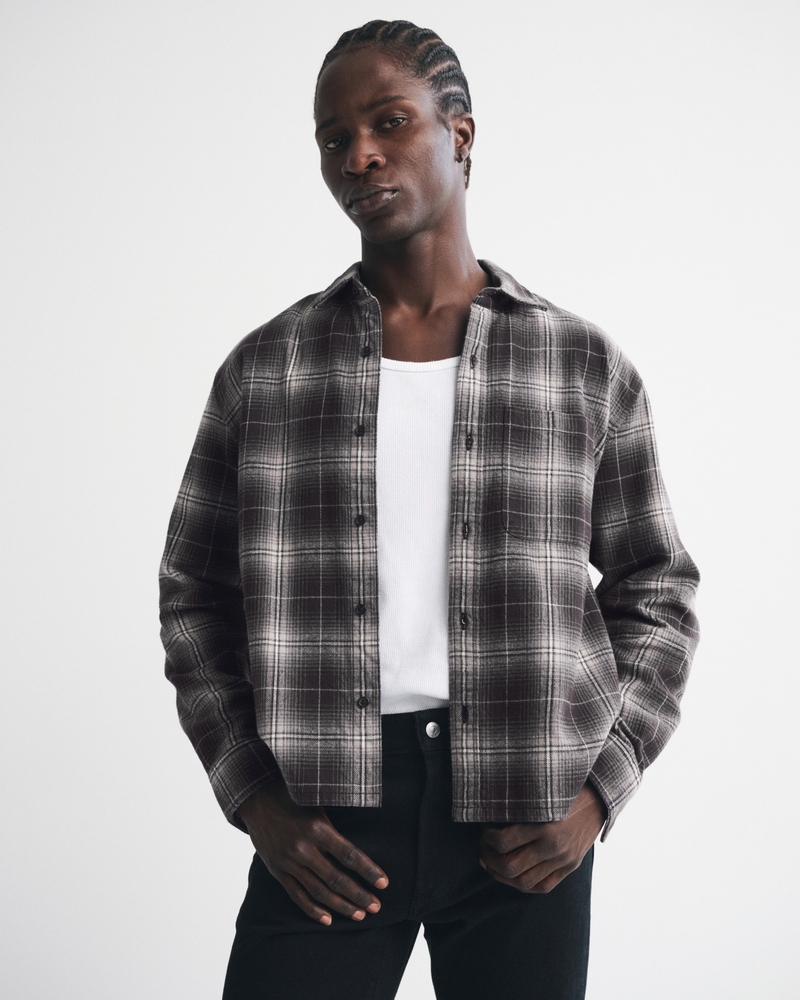 Cropped Garment-Dye Plaid Button-Up Shirt