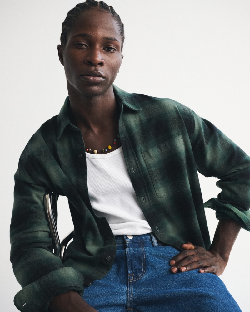 Cropped Garment-Dye Plaid Button-Up Shirt