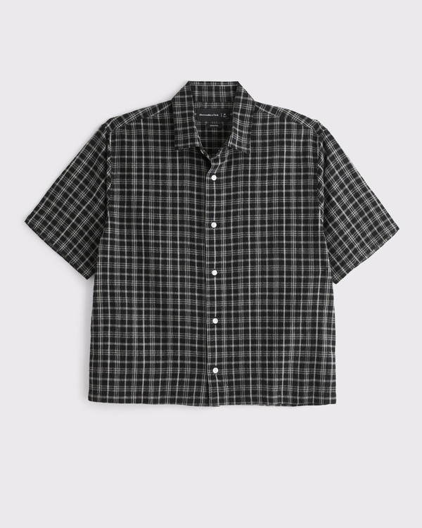 Short-Sleeve Cropped Button-Up Shirt, Black Plaid view 1