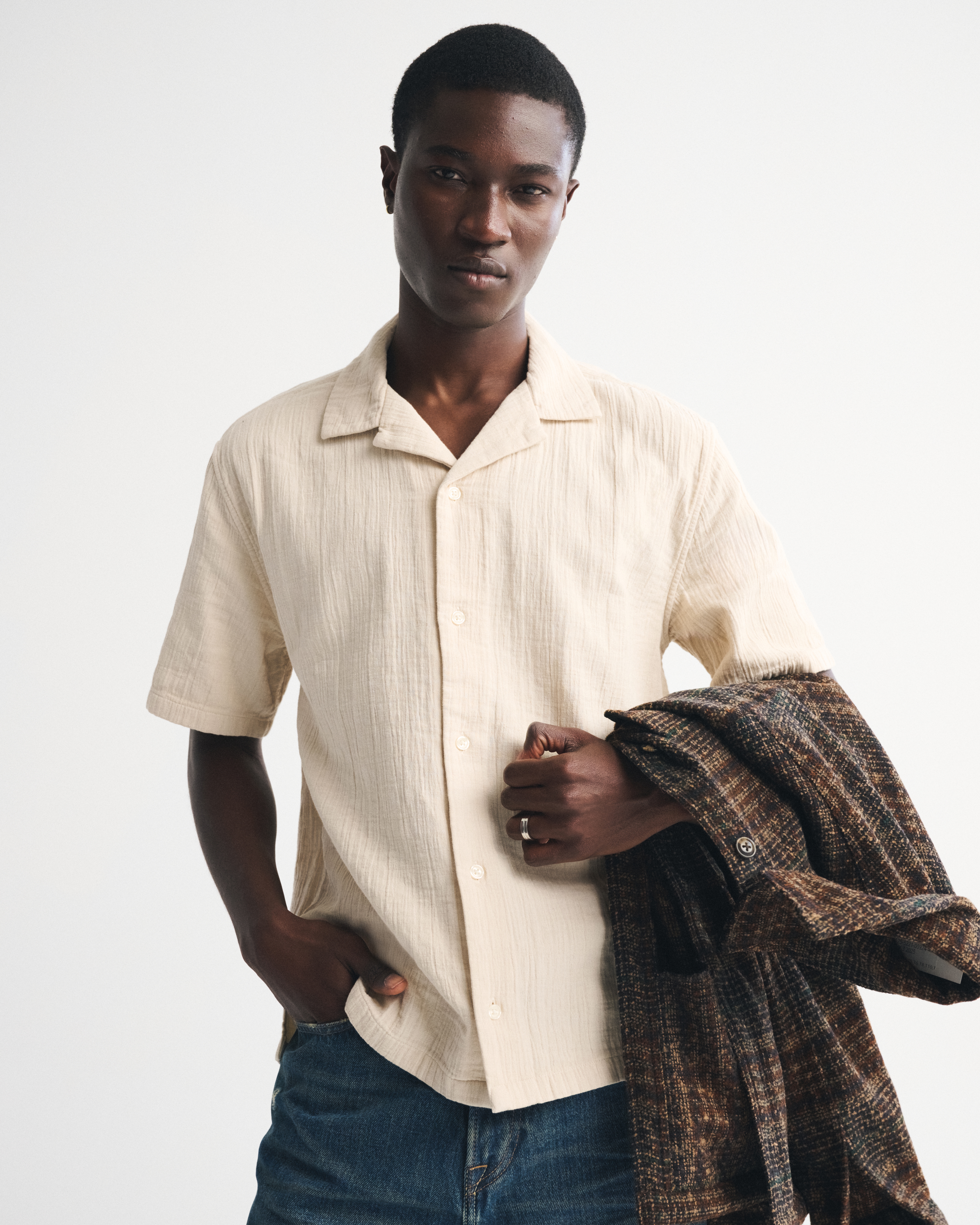 Abercrombie & Fitch Camp Collar Textured Button-up Shirt In Brown