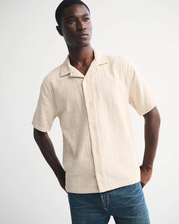 Camp Collar Textured Button-Up Shirt