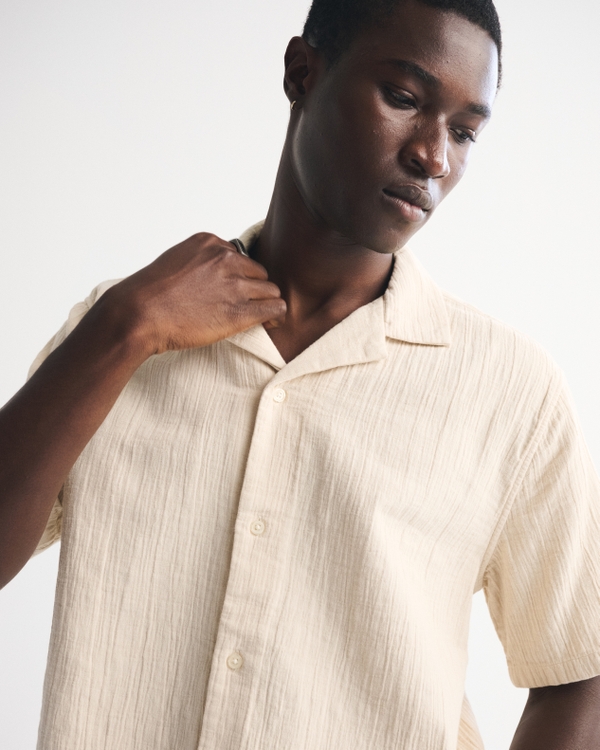 Camp Collar Textured Button-Up Shirt