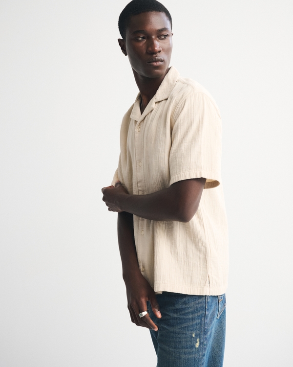 Camp Collar Textured Button-Up Shirt