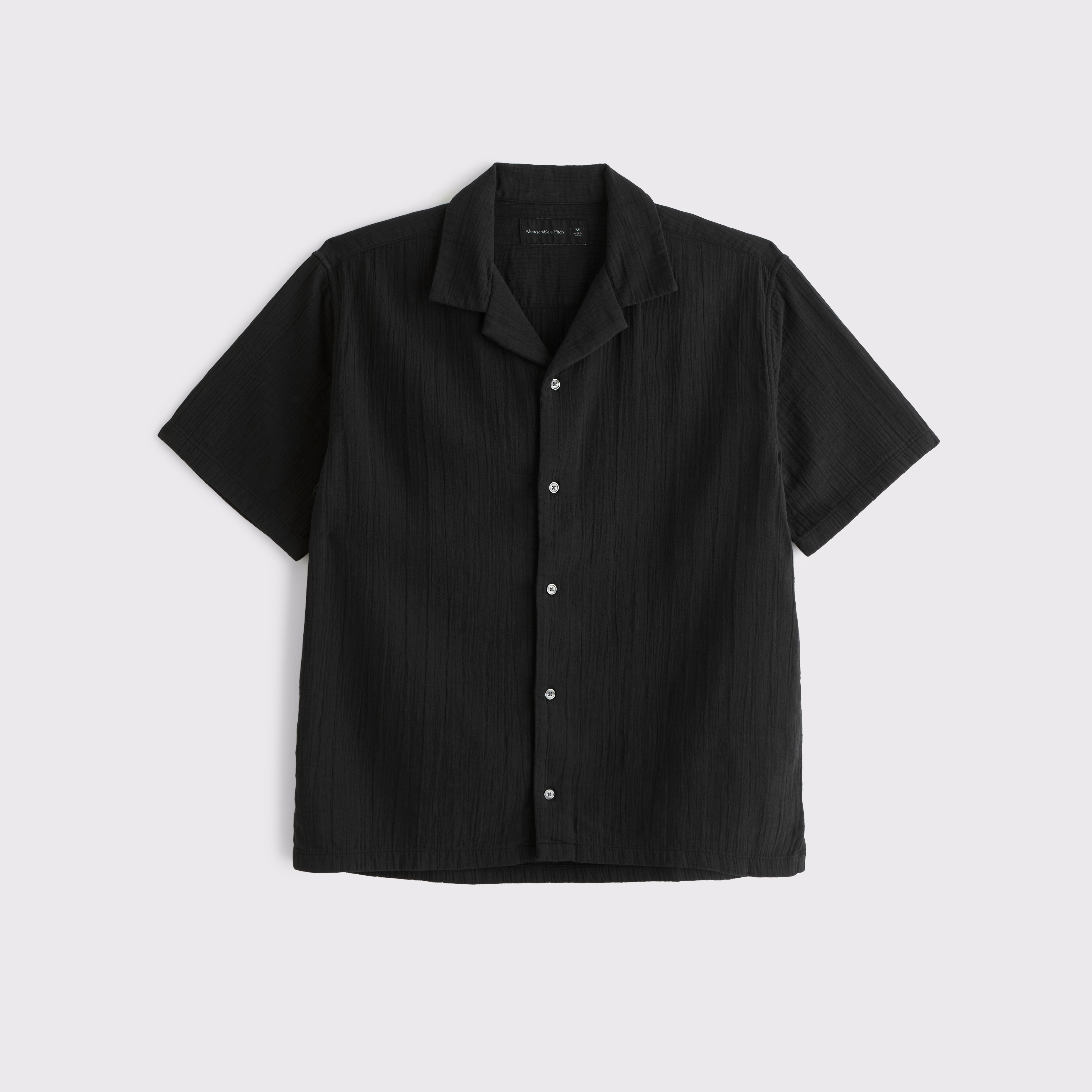 Abercrombie & Fitch Camp Collar Textured Button-up Shirt In Black
