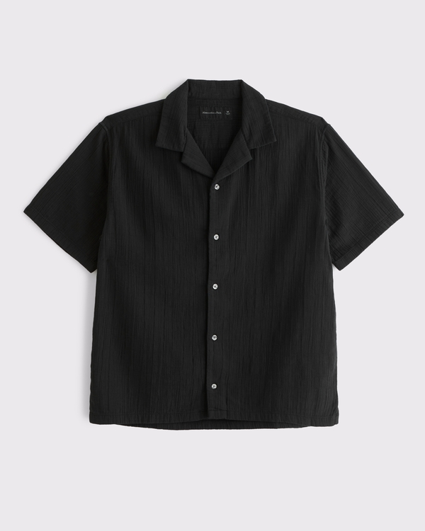 Camp Collar Textured Button-Up Shirt, Black view 1