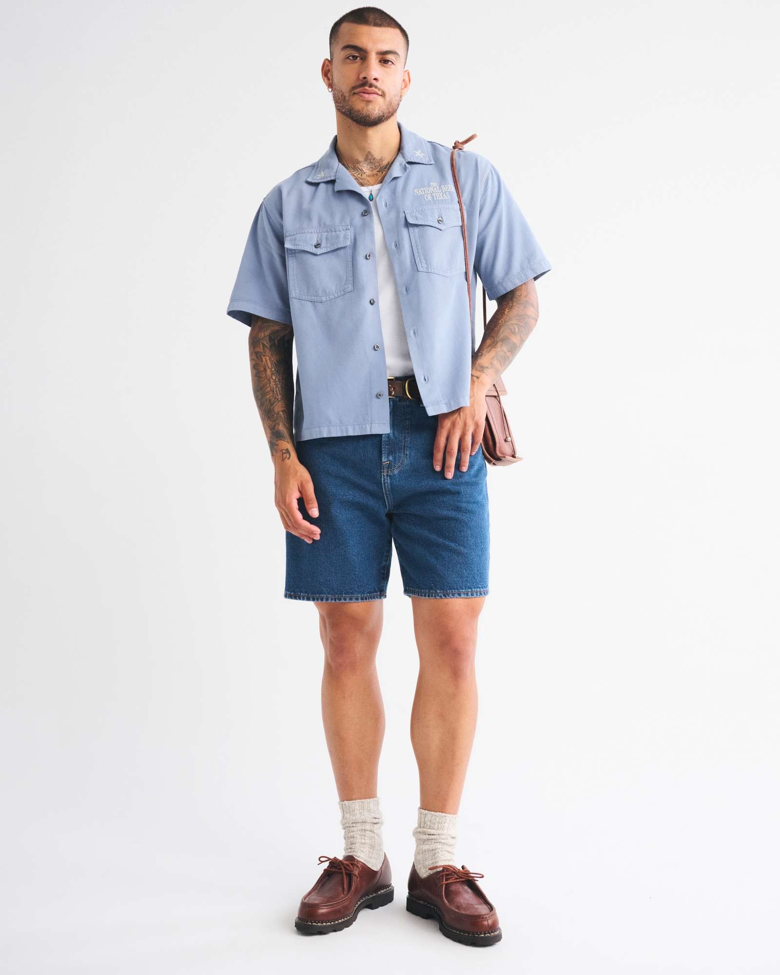 Short-Sleeve Cropped Lone Star Beer Workwear Button-Up Shirt