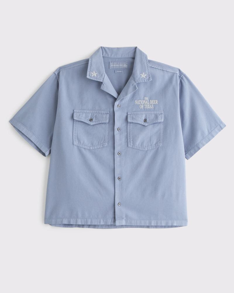 Short-Sleeve Cropped Lone Star Beer Workwear Button-Up Shirt