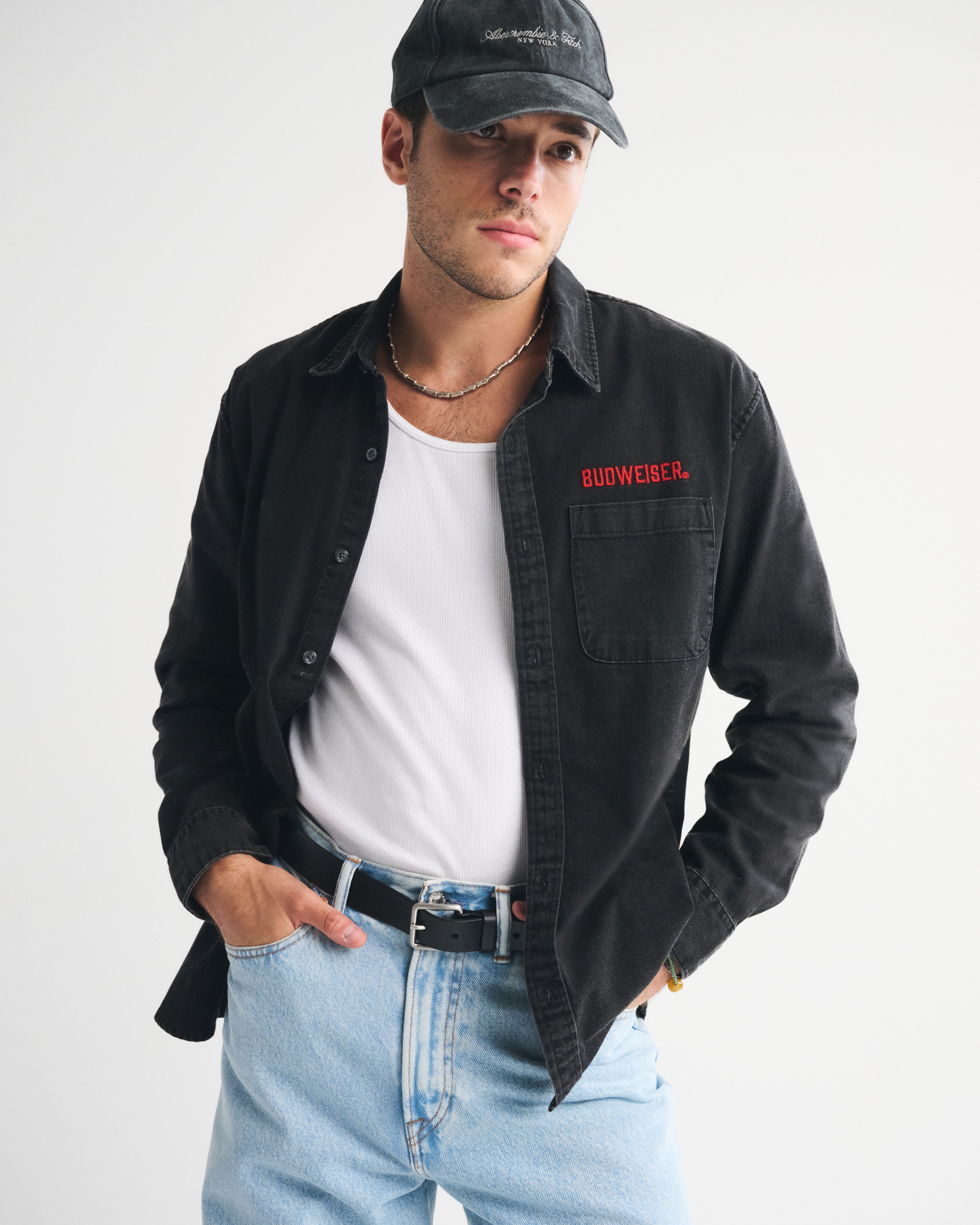 Abercrombie & Fitch Budweiser Denim Button-up Shirt In Black