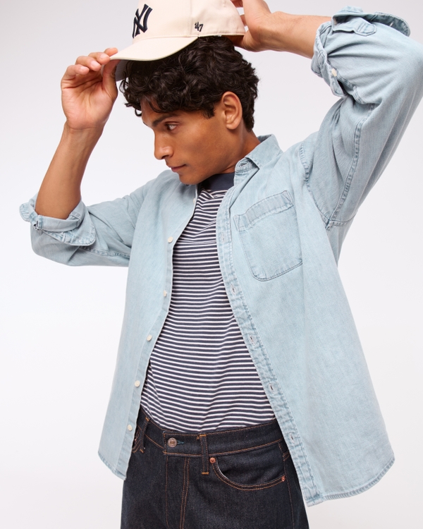 Camisa de denim abotonada, Lavado Claro view 1