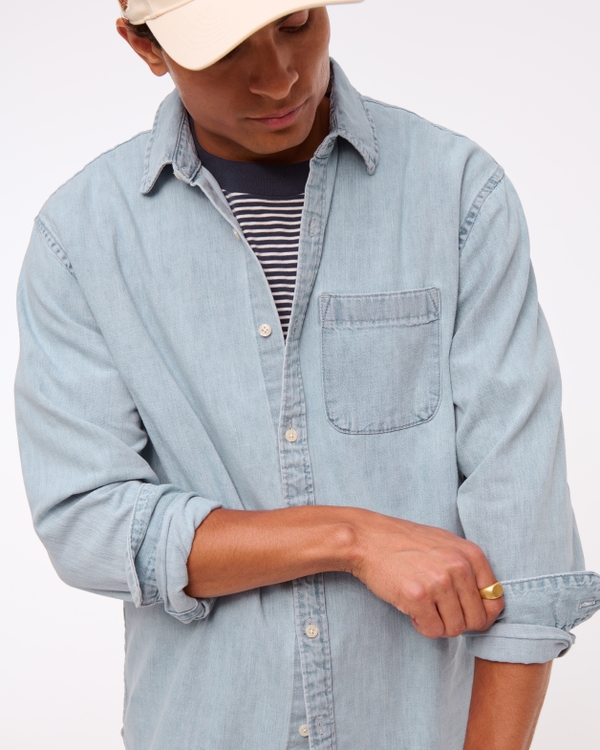 Western Denim Button-Up Shirt, Light Wash view 2