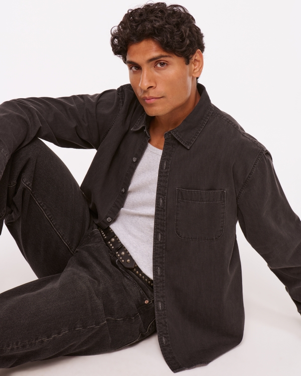 Denim Button-Up Shirt, Black Wash view 1