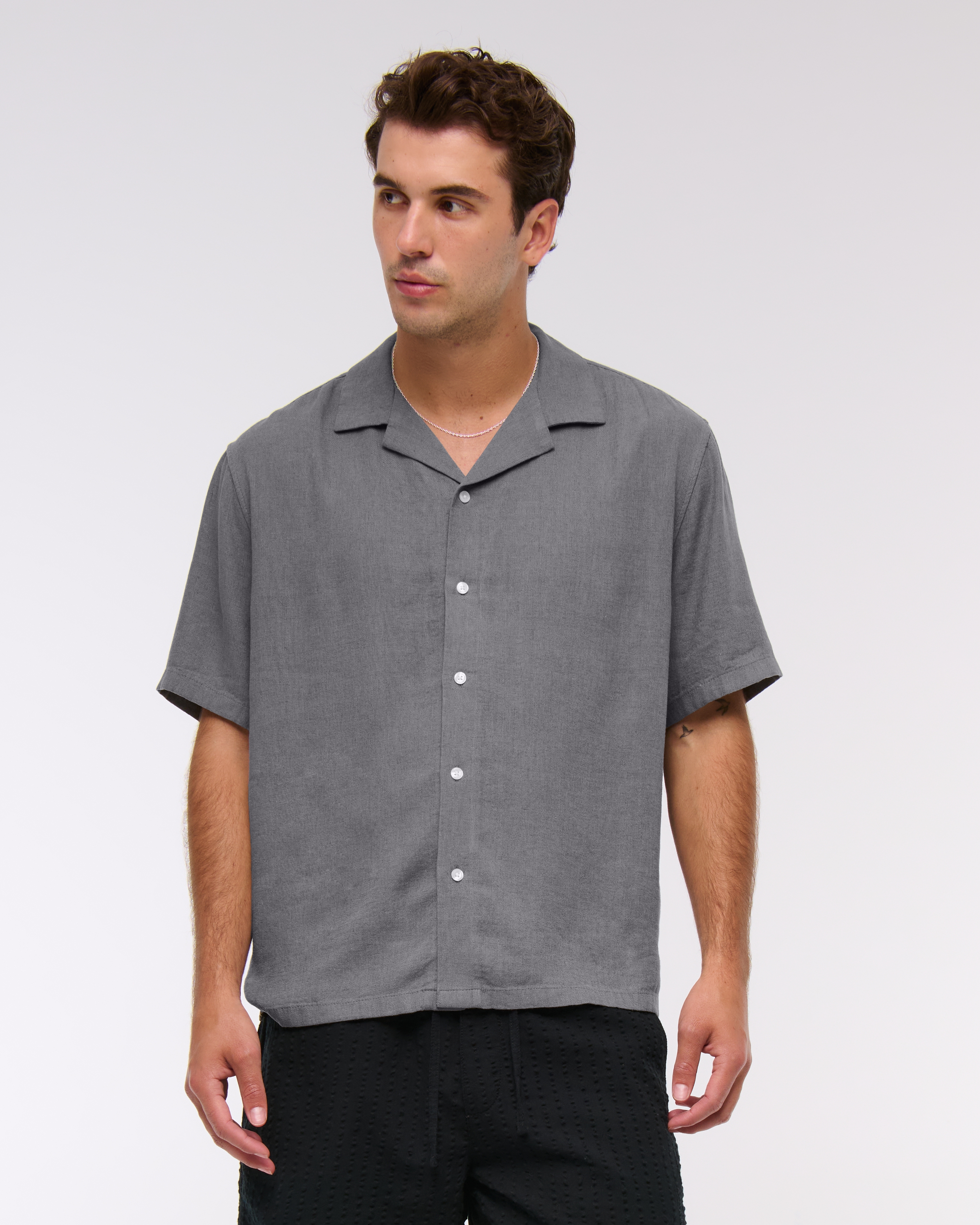 Abercrombie & Fitch Camp Collar Summer Linen-blend Shirt In Gray