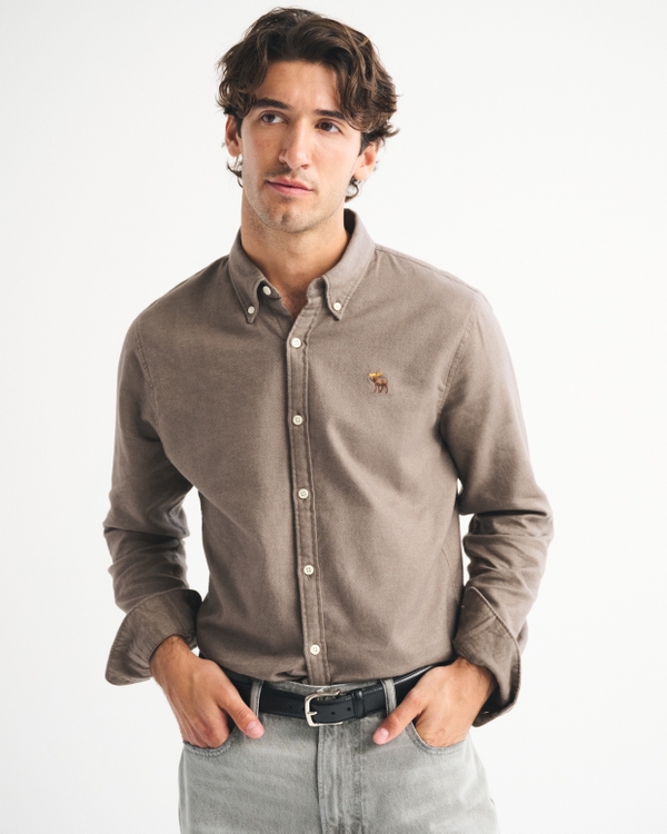 Chemise boutonnée brossée à emblème, Motif Gris Brun view 2