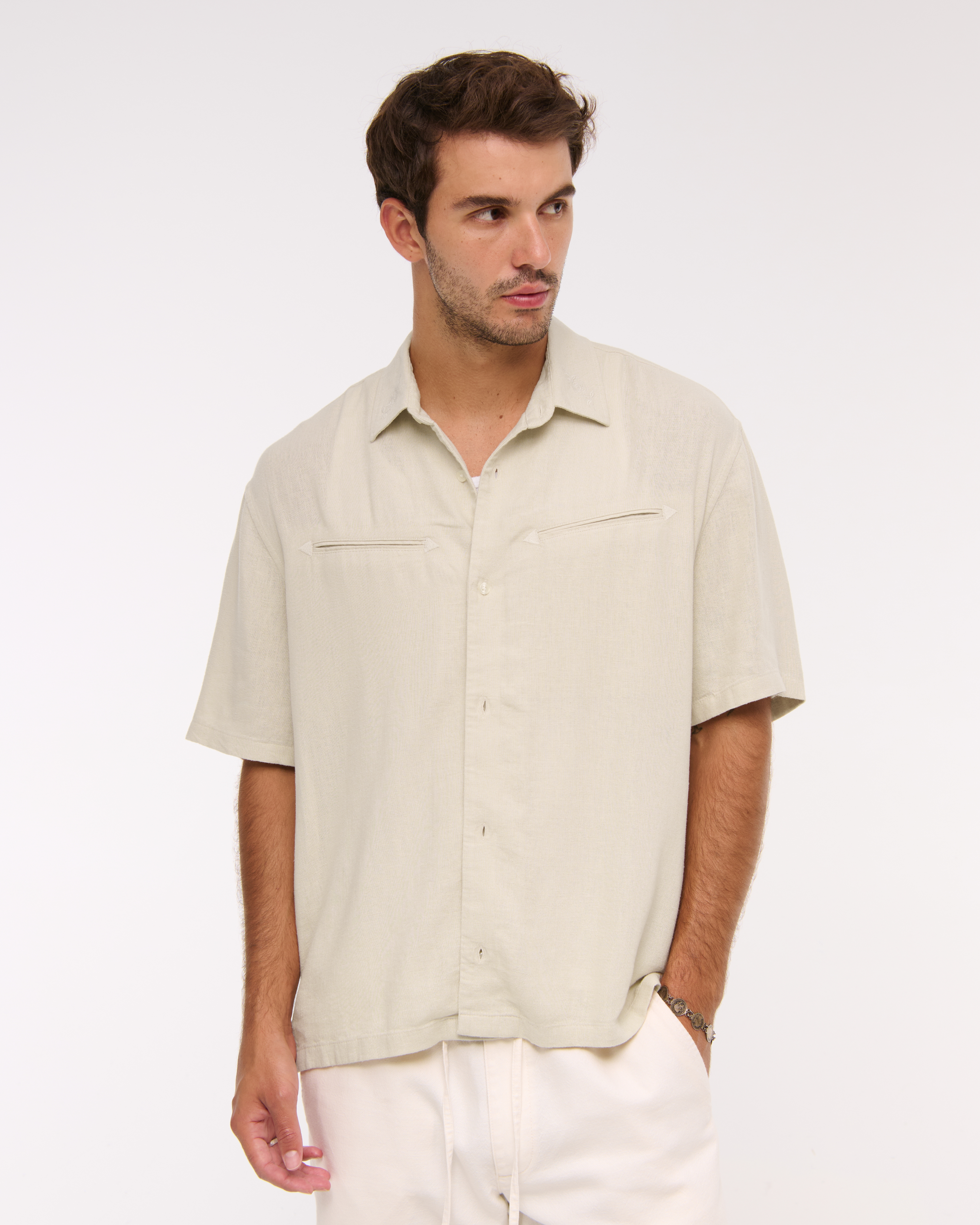 Abercrombie & Fitch Short-sleeve Summer Linen-blend Button-up Shirt In White