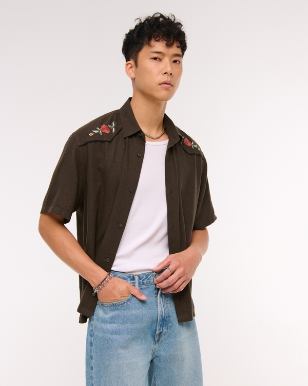 Short-Sleeve Summer Linen-Blend Button-Up Shirt, Café Oscuro view 1