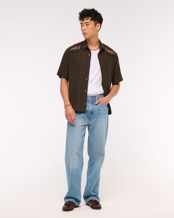 Short-Sleeve Summer Linen-Blend Button-Up Shirt, Café Oscuro view 2