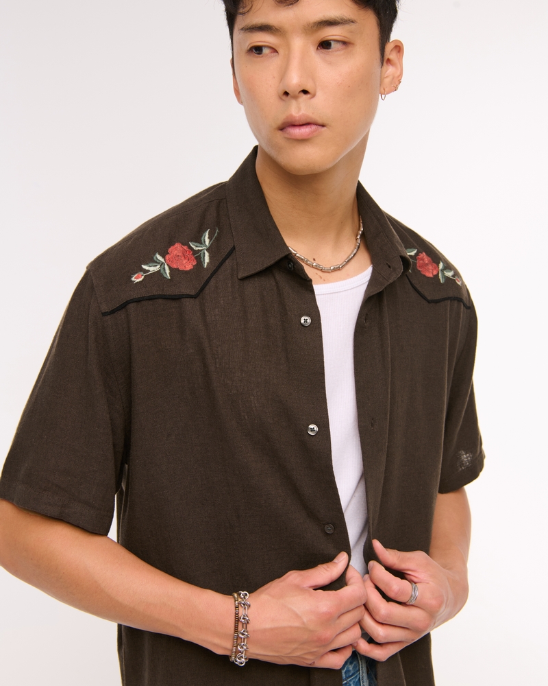 Short-Sleeve Summer Linen-Blend Button-Up Shirt