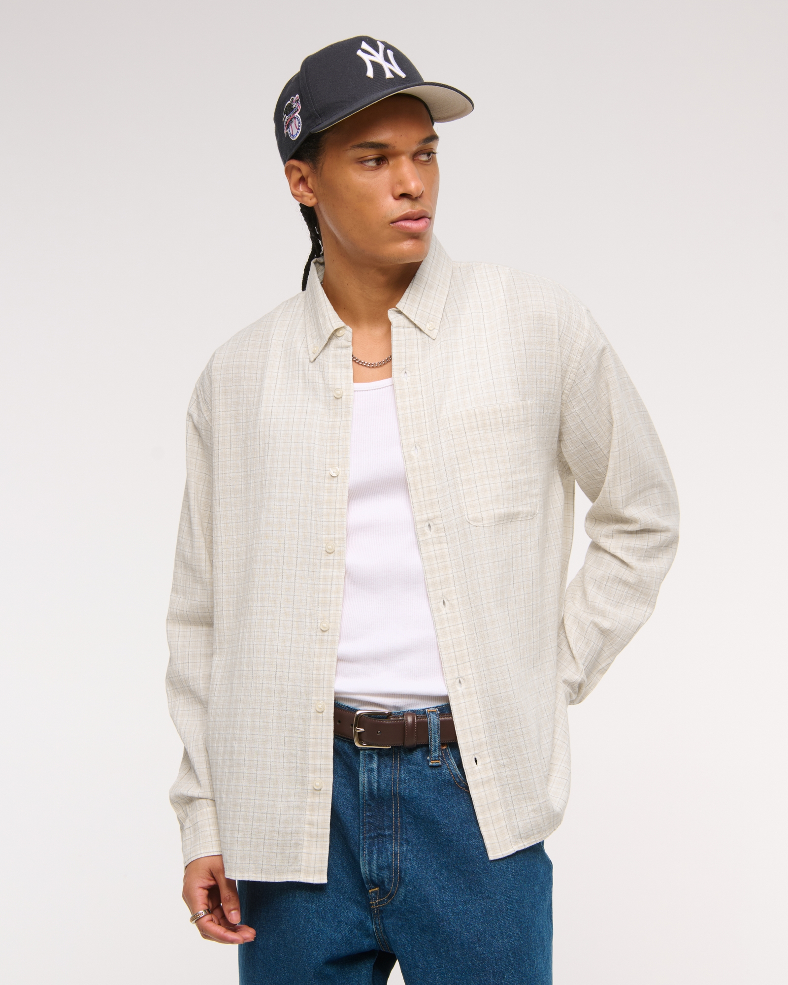 Long-Sleeve Textural Plaid Button-Up Shirt