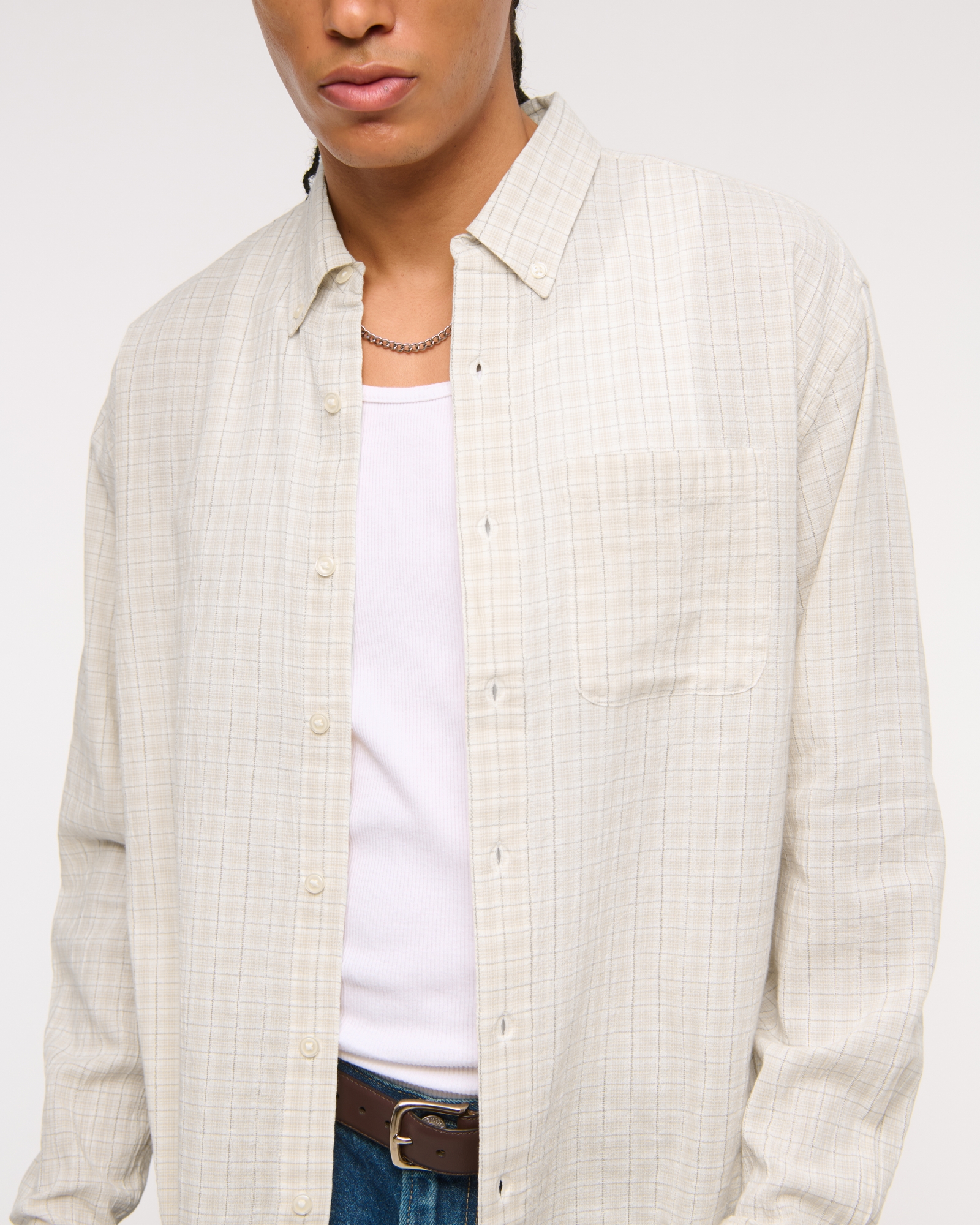 Long-Sleeve Textural Plaid Button-Up Shirt